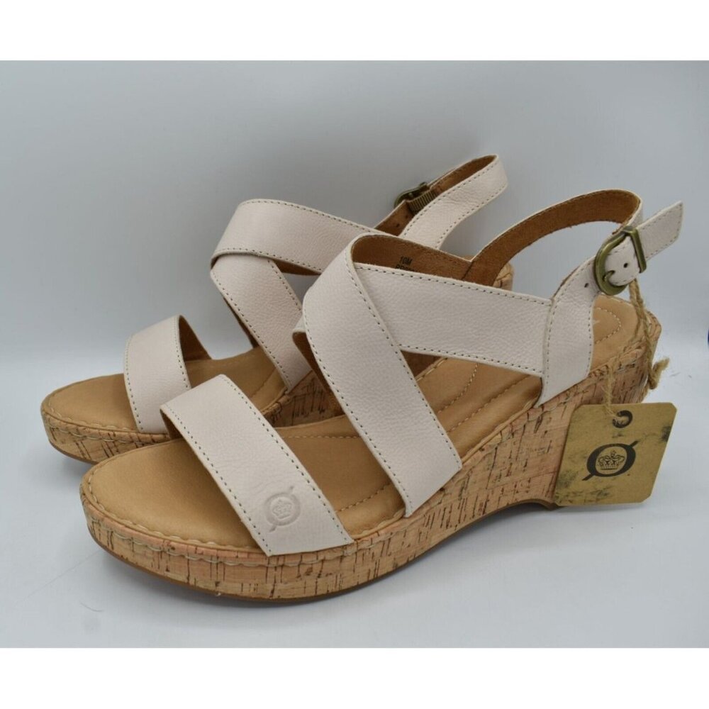 Born Lanai Wedge Sandals Womens 10 White Bone NIB‎ Leather Cork Slingback Shoes